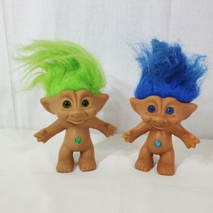 TWO Vintage Ace Novelty Treasure Troll Belly Jewell Dolls Trolls